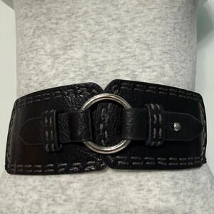 Jessica Simpson Black Leather Stretch Waist Belt O Ring Statement Wide Belt